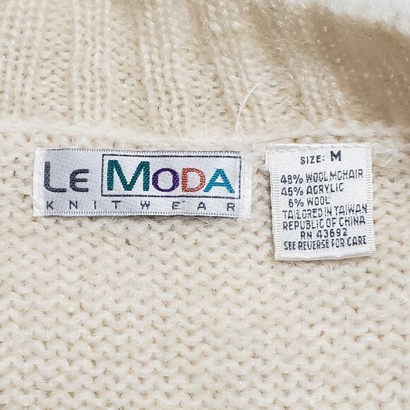 Vtg Le Moda Wool Mohair Cardigan Sweater Cream Sz Medium Preppy Grandma Holiday - Picture 6 of 11